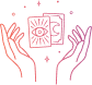 pair of psychic hands with cards floating between them surrounded by stars